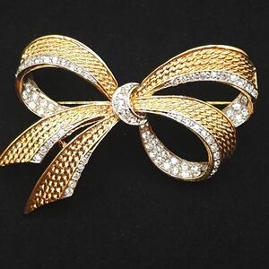 D'Orlan Bow Brooch Gold Tone Swarovski Crystal Pave Ribbon Triple 22k Gold Plate